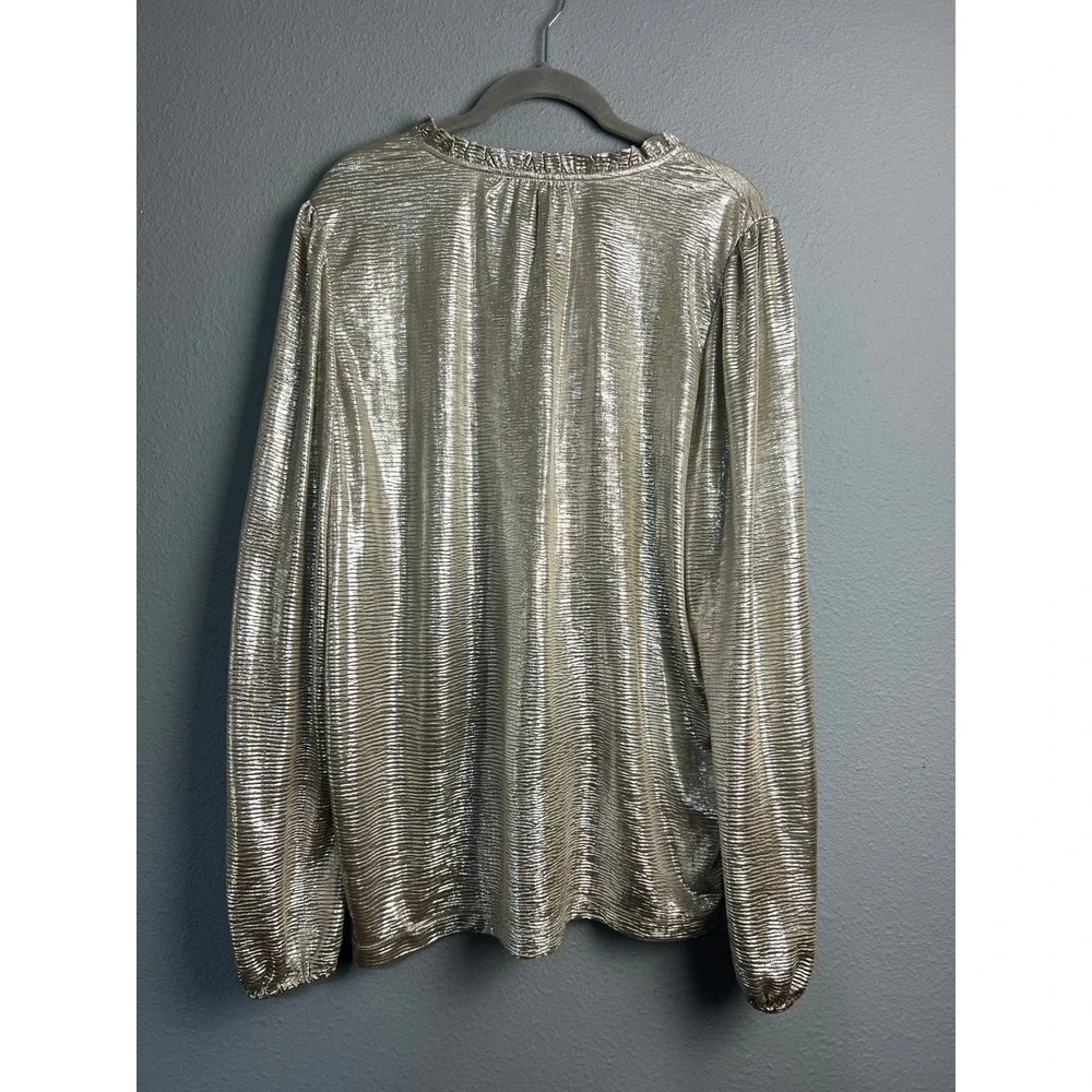 Loft Womens Lg Gold Disco Metallic Plisse Ruffle Neck Long‎ Sleeve Blouse Top
